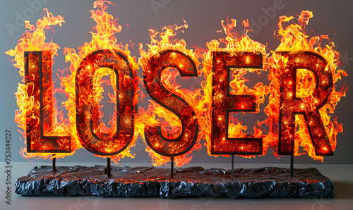 Bold text LOSER in fiery 3D letters on a clean white background, symbolizing defeat, failure, or low self-esteem in a stark, impactful visual metaphor