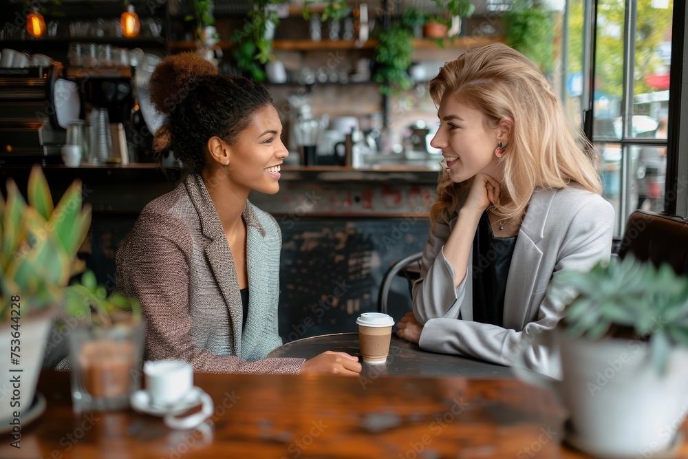 Amidst green plants and coffee, two women share joyous conversations and laughter in a cozy café setting Amidst green plants and coffee, two women share joyous conversations and laughter in a cozy café setting