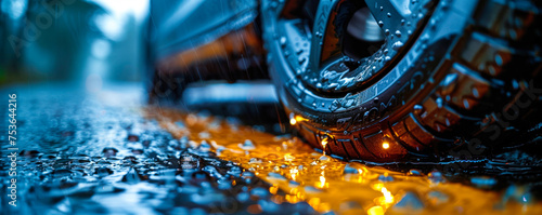 Close-up of a wet tire tread pattern with water droplets and reflective particles, emphasizing vehicle safety and performance in rainy conditions