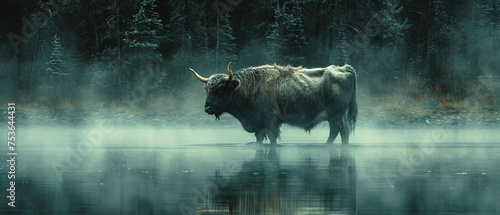 a large bull standing in the water with fog