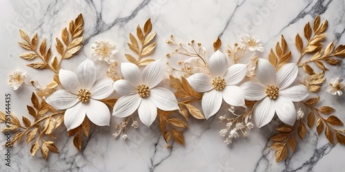 White and gold flowers and leaves on a marble background. Exquisite wedding texture for card, celebration, invitation, wallpaper. Delicate floral illustration. © SANTANU PATRA