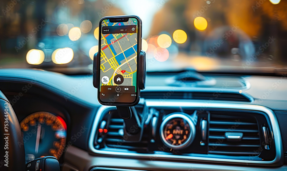 Smartphone mounted on a car dashboard displaying a navigation map ...