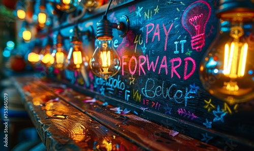 Chalkboard concept with lightbulbs and highlighted PAY IT FORWARD message, representing the idea of passing on a good deed and inspiration