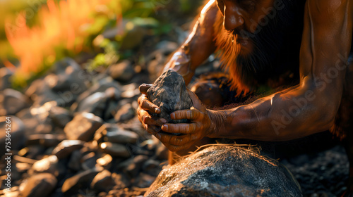 Caveman / neaderthal using a stone tool photo