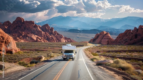 a white motorhome or van driving down the road as the focal point. The van is positioned off-center to create a balanced composition and highlight the vastness of the landscape.