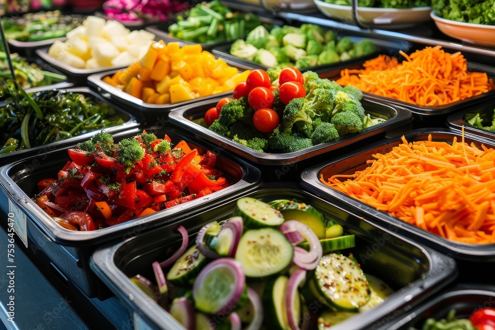 A wide range of colorful fresh vegetables cut and ready to serve in a self-service salad bar setup