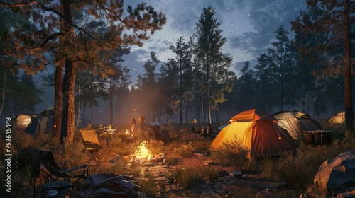 a camping atmosphere, a flickering fire, people gathered around or camp chairs and equipment scattered throughout the area. These elements not only add authenticity to the scene.
