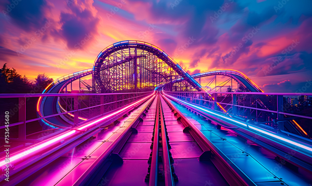 Dynamic roller coaster tracks glowing with neon lights under a vibrant