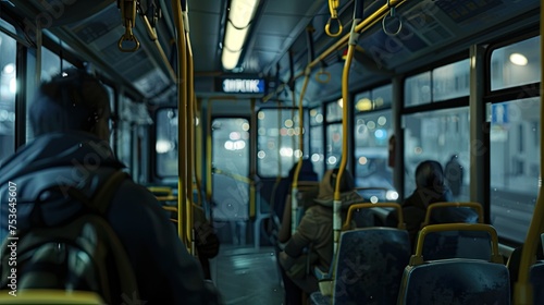 the feeling of riding on a bus, a man getting on or off a bus, or shots from inside a moving bus, showing the landscape passing by through the windows.