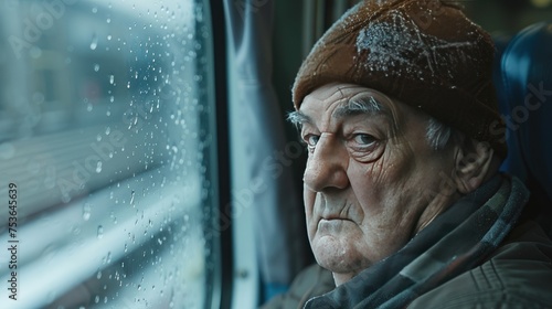 the expression on a man's face to convey his emotions and experiences during the journey. The man looks out the window with anticipation or is lost in his thoughts.
