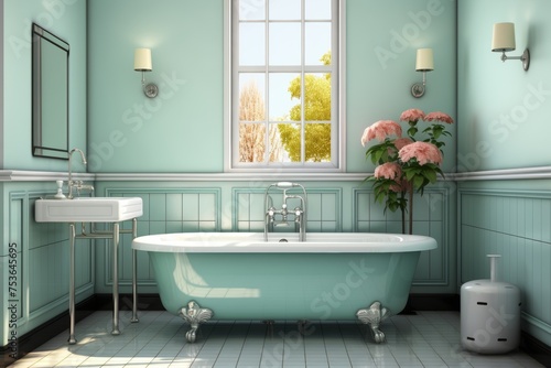 Contemporary light green bathroom interior with elegant bathtub and stylish tiled wall