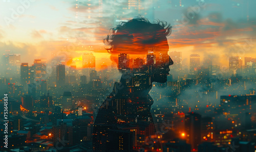 Silhouette of a contemplative businessman overlaid on a cityscape at twilight, symbolizing strategic thinking and the complexities of urban business life