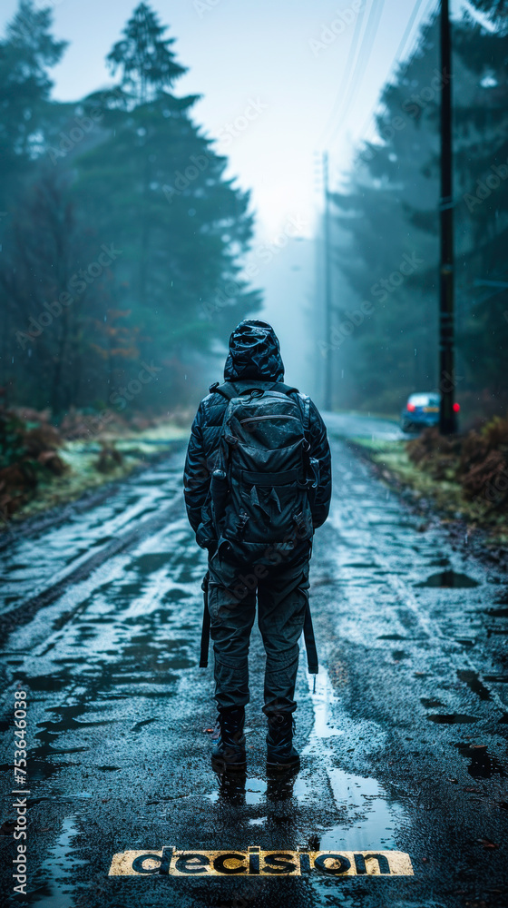 Person standing at a crossroad with decision written on the ground, metaphorically facing a crucial choice on their life's path Person standing at a crossroad with decision written on the ground, metaphorically facing a crucial choice on their life's path