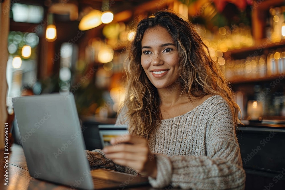 Fototapeta premium A joyful young woman holds a credit card while using a laptop in a warmly lit cafe