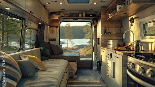 street views and open rear doors to convey the feel of an RV. Landscape and camping through the doors highlight the connection between comfort and outdoor adventure.