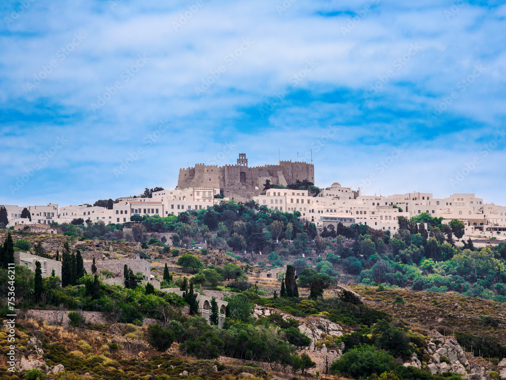 View towards the Monastery of Saint-John the Theologian, Patmos Chora, UNESCO World Heritage Site, Patmos Island, Dodecanese View towards the Monastery of Saint-John the Theologian, Patmos Chora, UNESCO World Heritage Site, Patmos Island, Dodecanese