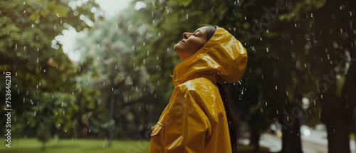 Person in yellow raincoat enjoying the rain, face upturned and eyes closed in park.