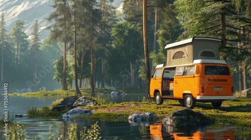 a motorhome or van in a well-lit area parked in a beautiful area with picturesque natural beauty. This creates a warm and inviting atmosphere while showcasing views of the outdoors.