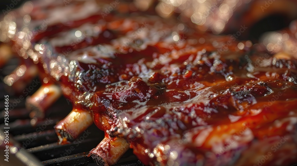 texture and detail of grilled pork ribs, highlighting the charred edges, caramelized glaze and tender meat. Close-up.