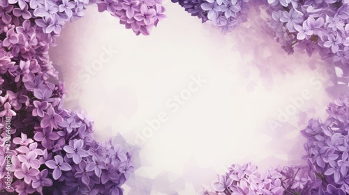 Double exposure of lilac flowers in a frame, blank greeting card template with center copy space