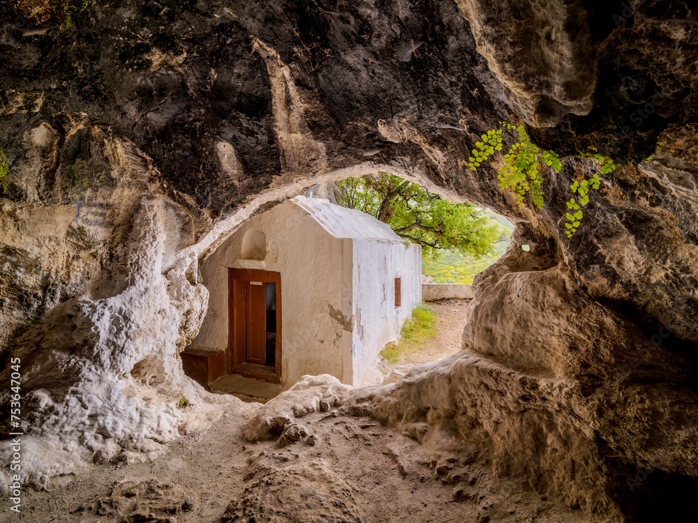 Chapel of Panagia Sarantaskaliotissa at the entrance to The Cave of Pythagoras, Mount Kerkis, Samos Island, North Aegean Chapel of Panagia Sarantaskaliotissa at the entrance to The Cave of Pythagoras, Mount Kerkis, Samos Island, North Aegean