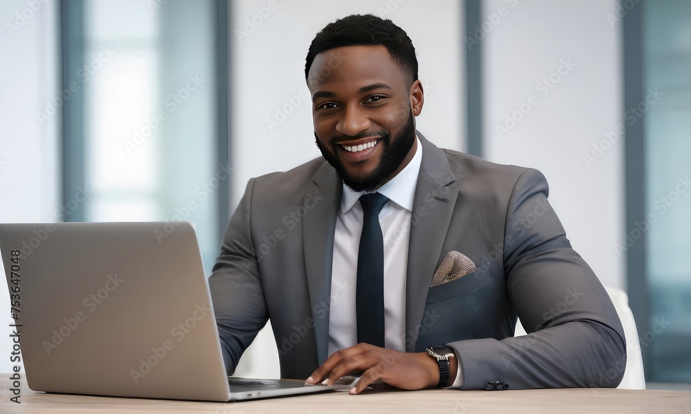 Smiling black man,looking handsome in business suit, sits at table with laptop in office .Promotional materials for business seminars, workshops ,conferences to convey corporate and educational theme Smiling black man,looking handsome in business suit, sits at table with laptop in office .Promotional materials for business seminars, workshops ,conferences to convey corporate and educational theme