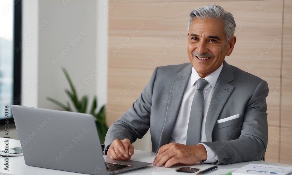 Fototapeta premium Latino senior smiling man working with laptop in office.Banner of a company's website,profile picture on LinkedIn,business-related blog or magazine.