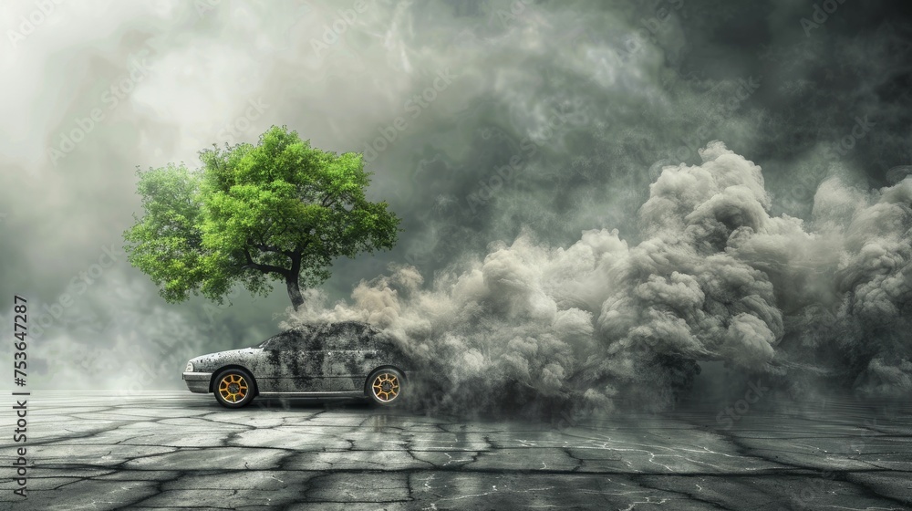 A digital illustration depicts a car's emissions as a tree growing from its exhaust, representing the carbon cycle. - obrazy, fototapety, plakaty 