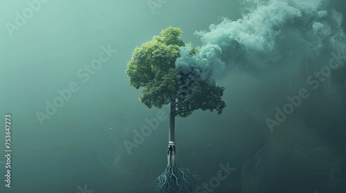 A car exhaust pipe's emissions depicted as a tree growing in a digital graphic represents the carbon cycle.