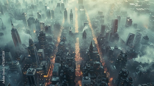 A digital graphic of a carbon footprint symbol superimposed over a bustling cityscape, visualizing urban emissions.
