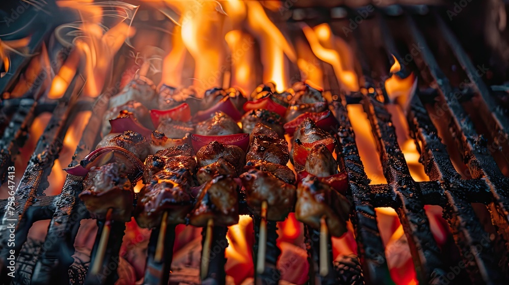 the grill is positioned so that the flames are visible behind the kebabs, creating a spectacular backdrop. The flame looks bright and dynamic. the grill is positioned so that the flames are visible behind the kebabs, creating a spectacular backdrop. The flame looks bright and dynamic.