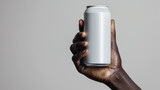 Sleek White Beverage Can Held in African Male Hand for Branding Mockup.