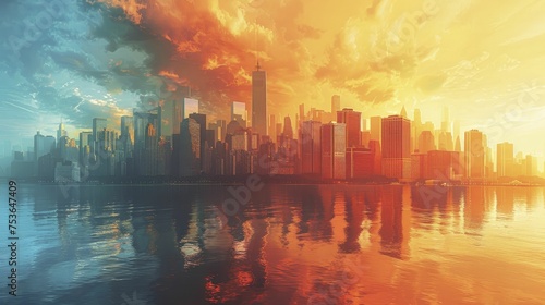 A digital illustration of a city experiencing various climate scenarios like heatwaves, floods, and smog to highlight rising occurrences. photo