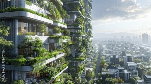 A digital graphic of a city implementing green roofs and vertical gardens to combat urban heat islands. © Kanisorn