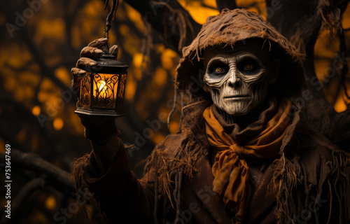 Grim reaper holding old lantern close up