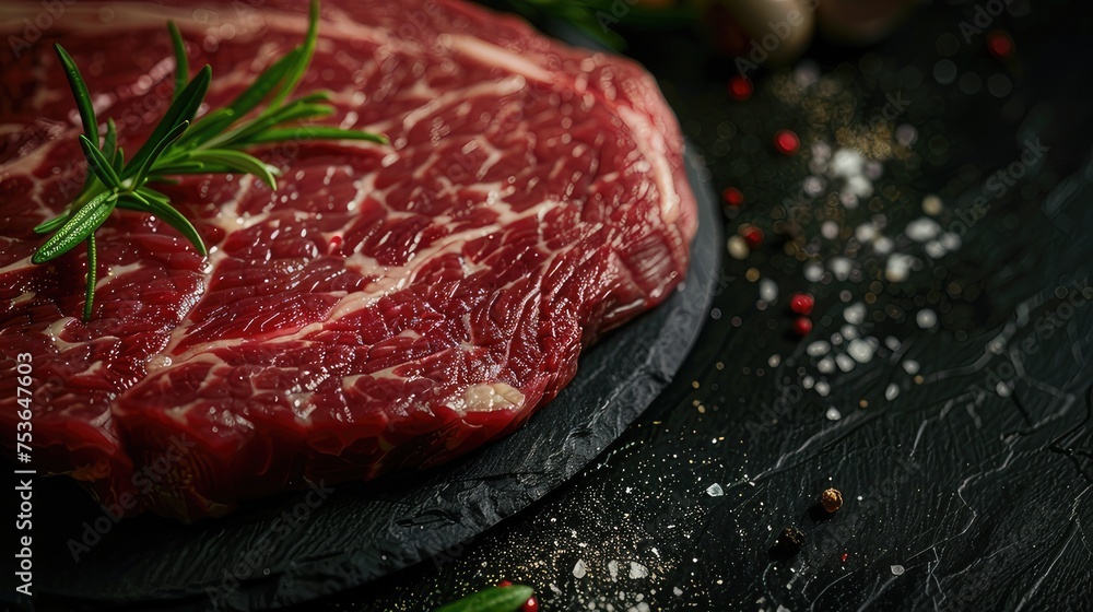 Meat steak and seasoning ingredients in an aesthetically pleasing composition. Close-up of the texture and marbling of a fresh raw Prime Black Angus rump steak. Meat steak and seasoning ingredients in an aesthetically pleasing composition. Close-up of the texture and marbling of a fresh raw Prime Black Angus rump steak.