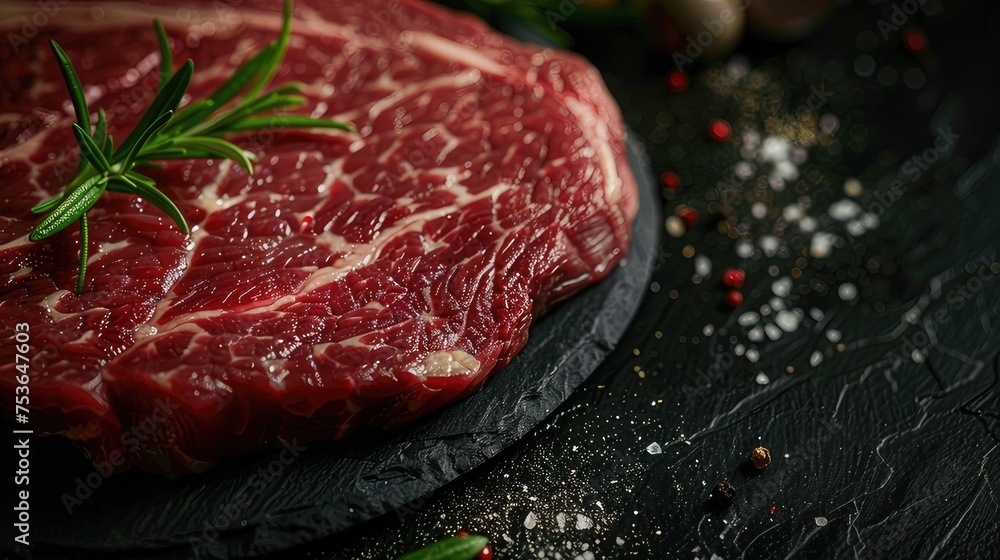 Meat steak and seasoning ingredients in an aesthetically pleasing composition. Close-up of the texture and marbling of a fresh raw Prime Black Angus rump steak.