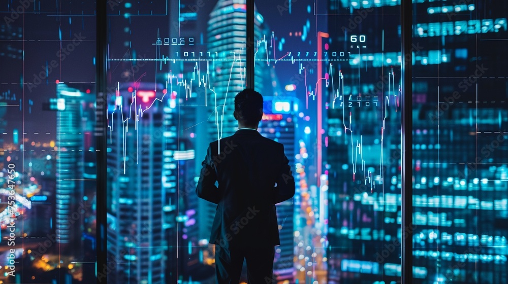 A businessman in a suit standing before a large panoramic window overlooking a cityscape at night A businessman in a suit standing before a large panoramic window overlooking a cityscape at night