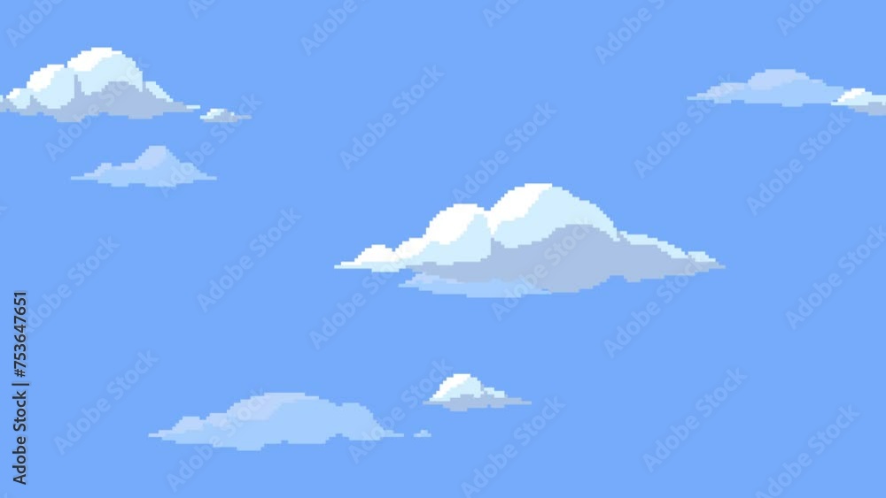 Pixel art clouds floating horizontally on blue sky background. Seamless looping animation. Animated cartoon cloudscape.