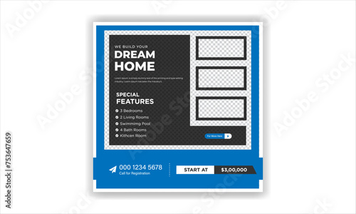Real estate social media post design. Marketing social media post banner design.  Home sale Instagram post template.