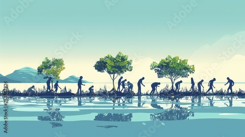 A community in a digital graphic planting mangrove trees to prevent coastal erosion and buffer against hurricanes.