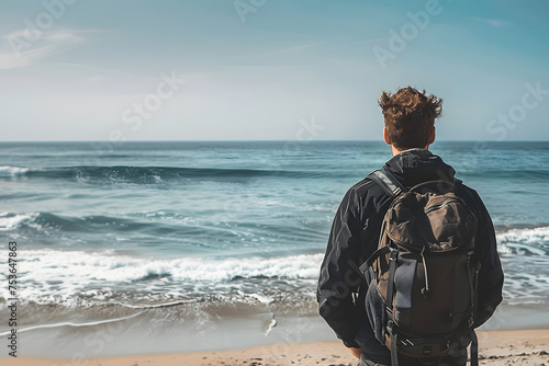 a man with a backpack on the beach looks at the sea. rear view of standing on the beach facing the sea