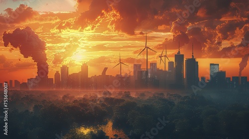 A digital graphic compares renewable energy sources to fossil fuels in urban settings, highlighting sustainability. photo