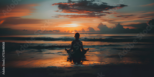 a girl meditates in the lotus position against the backdrop of the sea and sunset, A woman does yoga on the beach against the backdrop of sunse