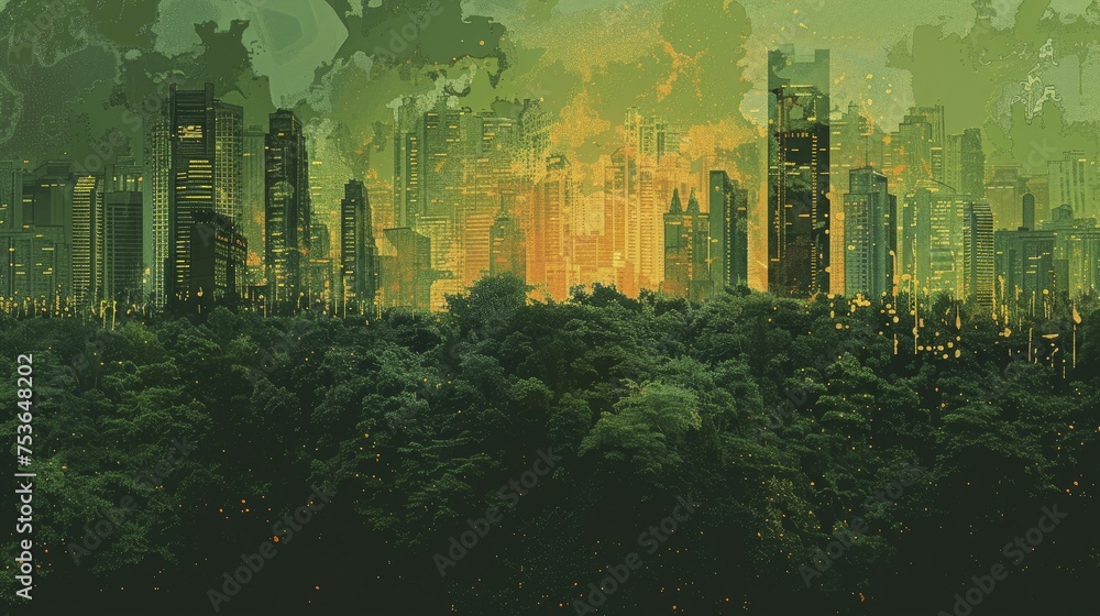 A digital image depicts a dense forest transforming into an urban cityscape to illustrate deforestation.