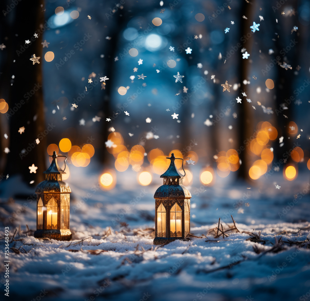 Obraz premium Two lanterns in the snow at night
