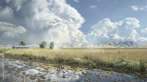 A digital graphic of a drought-stricken area using cloud seeding technology to induce rainfall.