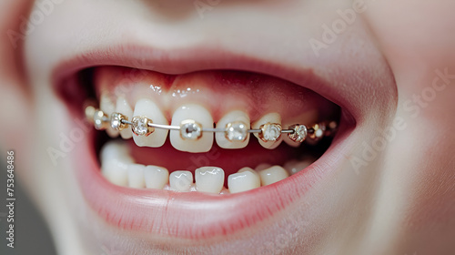 Close-up of a happy child's smile with healthy white teeth with metal braces with rhinestones. Pediatric dentistry concept