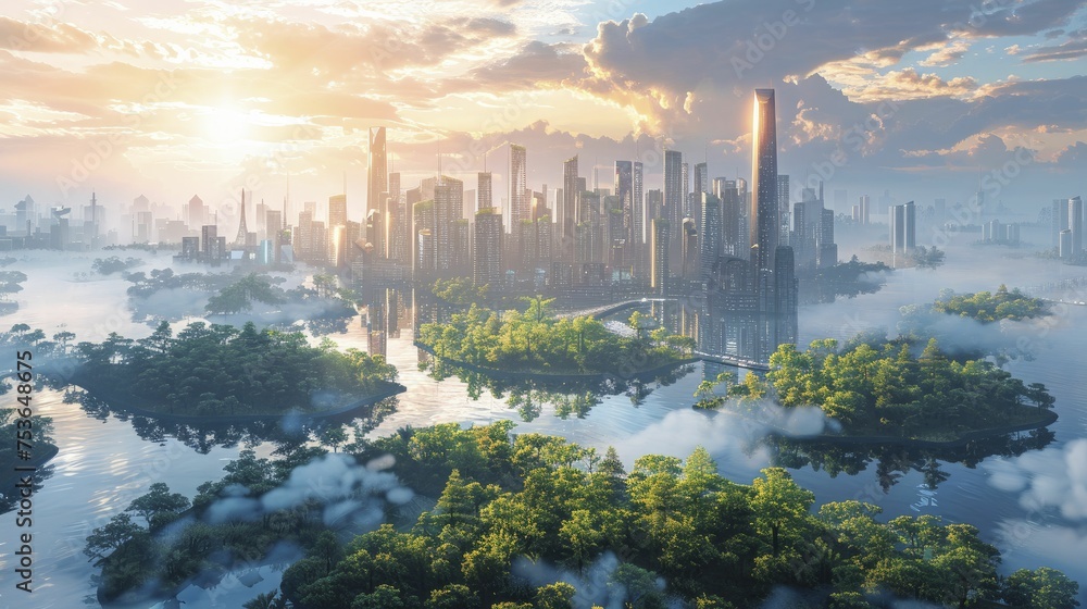 Obraz premium A digital graphic of a futuristic city with sustainable technologies combating the effects of climate change.