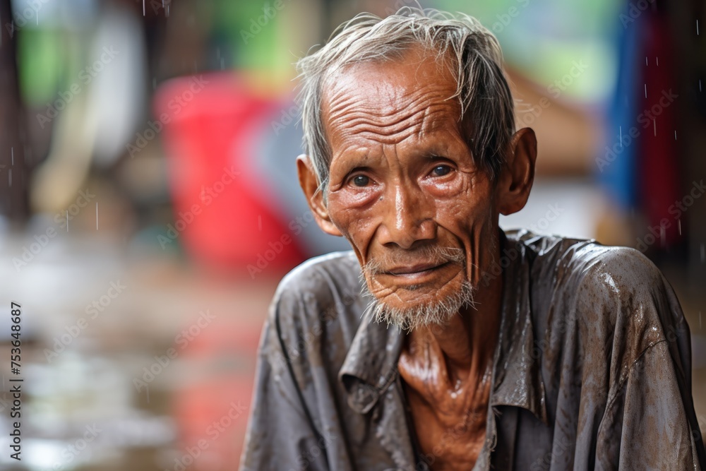 Macro portrait of elderly asian man captured with vibrant urban street scene in the background
